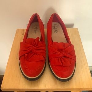 Red suede loafers